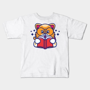 Cute cat reading book cartoon Kids T-Shirt